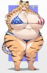 absurd_res american_flag_bikini anthro barefoot belly big_breasts bikini black_stripes blonde_hair blue_eyes blush border bottomwear breasts clothing curvy_figure denim denim_bottomwear denim_clothing denim_shorts ear_piercing eyelashes feet felid female female_anthro flag_bikini flag_swimwear fur glistening glistening_body glistening_fur hair hand_on_hip heart_symbol height hi_res huge_breasts japanese_text kakuteki11029 long_hair looking_at_viewer mammal navel navel_piercing open_mouth orange_body orange_fur overweight overweight_anthro overweight_female pantherine piercing purple_background shorts simple_background small_head smile solo standing star stripes swimwear tail tan_body tan_fur text thick_thighs tiger translated two-piece_swimsuit voluptuous voluptuous_anthro voluptuous_female white_background white_border wide_hips