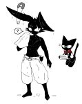 anthro barefoot big_breasts black_body black_clothing black_fur black_tail black_topwear black_vest blush bodily_fluids bottomwear bow_tie breasts cheek_tuft chest_scar cleavage clothed clothing domestic_cat duo eye_scar facial_scar facial_tuft feet felid feline felis female fur grey_bottomwear grey_clothing lagomorph leporid looking_at_viewer male mammal mouthless muscular muscular_male question_mark rabbit red_bow_tie sabgong safety_pin safety_pin_in_ear scar shirt shirtless shorts sweat tail topwear towel tuft vest vincent_(sabgong) vingo_(sabgong) wet wet_body wet_fur white_bottomwear white_clothing white_shirt white_shorts white_topwear white_undershirt