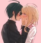  1boy 1girl ahoge akamatsu_kaede black_hair black_jacket blonde_hair blush brown_eyes danganronpa_(series) danganronpa_v3:_killing_harmony eye_contact from_side fu_ga_(vivi912912) hair_ornament hetero highres imminent_kiss jacket long_hair long_sleeves looking_at_another musical_note musical_note_hair_ornament open_mouth parted_lips pink_background pink_eyes pink_vest profile saihara_shuichi shirt short_hair simple_background sweater_vest upper_body vest white_shirt 