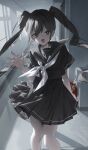  1girl :d absurdres black_eyes black_hair black_sailor_collar black_serafuku black_shirt black_skirt box box_of_chocolates bright_pupils commentary cowboy_shot dot_nose floating_hair hand_up hatsune_miku heart-shaped_box highres holding holding_box ima_sugu_rinne_(vocaloid) indoors lo-ta long_hair looking_at_viewer neckerchief open_mouth pleated_skirt pov sailor_collar school school_uniform serafuku shirt short_sleeves sidelocks skirt smile solo standing sweatdrop twintails untranslatable_commentary very_long_hair vocaloid waving white_neckerchief white_pupils window 
