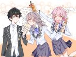  1boy 2girls arm_up black_hair black_jacket bow bowtie bubble_tea buttons closed_eyes closed_mouth collared_shirt commentary_request contrast_collar cowboy_shot cup dan_heng_(honkai:_star_rail) disposable_cup double-breasted drinking_straw expressionless food food_on_face graphia_academy_school_uniform green_eyes grey_hair grey_skirt hair_between_eyes highres holding holding_another's_arm holding_cup holding_food holding_ice_cream holding_ice_cream_cone honkai:_star_rail honkai_(series) ice_cream ice_cream_cone jacket long_hair long_sleeves looking_at_another march_7th_(honkai:_star_rail) multiple_girls nononono_bouzu official_alternate_costume pink_hair pleated_skirt purple_bow purple_bowtie school_uniform shirt short_hair skirt speech_bubble stelle_(honkai:_star_rail) sweatdrop trailblazer_(honkai:_star_rail) translation_request twitter_username two-tone_background untucked_shirt white_jacket white_shirt white_trim yellow_eyes 