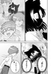  1boy 1girl akama_ichibee_(katsumata_hiroki) animal_ears belt black_fur black_hair blush bow bowtie cat_ears cat_girl commentary furry furry_female hair_between_eyes highres kamoku_dakedo_mechakucha_nori_no_ii_kuroneko-chan katsumata_hiroki kuroi_kuroneko_(katsumata_hiroki) multicolored_hair no_mouth nose_blush plaid_bow plaid_bowtie plaid_clothes remembering shirt short_sleeves streaked_hair translation_request white_shirt white_streaks 