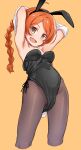  1girl :d animal_ear_hairband animal_ears areola_slip arms_up black_hairband black_leotard braid brown_pantyhose commentary_request cropped_legs fake_animal_ears flat_chest hairband heppoko_r highres idolmaster idolmaster_million_live! idolmaster_million_live!_theater_days leotard long_hair looking_at_viewer official_alternate_hairstyle ogami_tamaki open_mouth orange_hair oversized_breast_cup pantyhose rabbit_ear_hairband rabbit_ears rabbit_tail side-tie_leotard simple_background smile solo strapless strapless_leotard tail twin_braids variant_set yellow_background yellow_eyes 