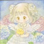  1girl animal baby_animal bird blonde_hair blush chick child commentary double_bun dress flower frilled_dress frills garden hair_bun hair_flower hair_ornament highres holding holding_animal hydrangea original painting_(medium) puffy_short_sleeves puffy_sleeves short_sleeves sky summer tato_(kunikida-3) traditional_media untranslatable_commentary watercolor_(medium) wings yurie_mouth 