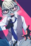  animal_crossing anthro blonde_hair blush clothing dogear218 eyewear fur glasses grey_body grey_fur hair heterochromia looking_at_viewer loose_tie male naughty_face necktie nintendo pawpads raymond_(animal_crossing) solo tongue topwear unbuttoned_pants unbuttoned_shirt vest video_games 