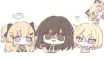 >:) >_< ... 4girls :3 animal_ears bang_dream! bang_dream!_it's_mygo!!!!! bang_dream!_mugendai_mewtype bang_dream!_our_notes black_bow black_necktie blonde_hair bow brown_eyes brown_hair cat_ears cat_hair_ornament chibi chibi_only chocolate_donut closed_mouth collared_shirt color_connection commentary cropped_torso donut dot_nose earrings expressionless fake_animal_ears false_smile flat_color flying_sweatdrops food gradient_hair grey_shirt grin hair_between_eyes hair_bow hair_color_connection hair_ornament hairclip hairpin holding holding_donut holding_food in-franchise_crossover jewelry long_hair looking_at_another looking_at_viewer misumi_uika multicolored_hair multiple_girls nakamachi_arale necktie no_nose no_pupils peeking_out pink_hair pmck_bndr print_shirt puff_of_air purple_eyes shaded_face shinomiya_shizuku shirt simple_background smile smug spoken_ellipsis star_(symbol) star_print sumita_mana twintails two-tone_hair two_side_up v-shaped_eyebrows white_background white_shirt wing_collar x_hair_ornament 