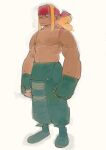  1boy alex_winger bandana blonde_hair boots clenched_hands clenched_teeth drooling facial_mark fingerless_gloves full_body gloves green_boots green_gloves green_overalls headband highres long_hair looking_up male_focus mouth_drool muscular muscular_male overalls ponytail red_bandana shoulder_tattoo simple_background solo standing street_fighter tattoo teardrop teeth topless_male umezawa_michiko white_background 
