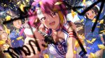  1boy 4girls blonde_streaks bow card_commentary commentary_request confetti faceless faceless_female faceless_male game_asset hair_bow holding holding_marker idolmaster idolmaster_million_live! idolmaster_million_live!_theater_days looking_at_viewer maihama_ayumu marker mogami_shizuka multicolored_hair multiple_girls official_alternate_costume official_art open_mouth pink_eyes pink_hair smile stadium streaked_hair third-party_source vest white_vest writing 