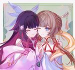  2girls absurdres automaton_(object) baeksansan china_dress chinese_clothes columbina_(genshin_impact) commentary_request dress genshin_impact hair_ornament headdress highres holding_hands looking_at_another multicolored_hair multiple_girls one_eye_closed purple_streaks sandrone_(genshin_impact) streaked_hair white_wings wing_hair_ornament wings yuri 