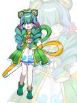  1girl :d arms_behind_back asanoha blue_hair blush boots bow bowtie braid capelet commentary cross-shaped_pupils dot_nose dress flipped_sidelocks green_boots green_capelet green_dress green_eyes green_hair gwen_(league_of_legends) hair_between_eyes hair_ornament heterochromia highres holding holding_scissors league_of_legends long_hair mismatched_pupils multicolored_hair official_alternate_costume open_mouth oversized_object rain_shepherd_gwen red_bow red_bowtie scissors short_dress short_sleeves simple_background smile solo sprout sprout_on_head straight-on symbol-shaped_pupils twin_braids twintails two-tone_hair white_background white_dress yellow_eyes zoom_layer 