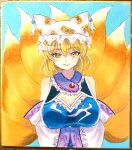  1girl absurdres adapted_costume animal_hat arms_under_breasts blonde_hair blue_tabard blush breasts cleavage commentary_request detached_sleeves fox_tail hair_between_eyes hands_in_opposite_sleeves hat highres kitsune kyuubi large_breasts looking_at_viewer medium_hair mitsu~ mob_cap multiple_tails shikishi smile solo tabard tail touhou traditional_media upper_body yakumo_ran yellow_eyes 