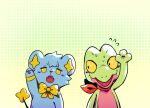 2021 annoyed black_body black_fur blue_body blue_fur bodily_fluids bow_tie duo english_description fangs fur generation_3_pokemon generation_4_pokemon green_body half-closed_eyes narrowed_eyes nintendo open_mouth pawpads pokemon pokemon_(species) pokemon_mystery_dungeon raised_arm red_scarf scarf shinx spike_chunsoft surprised sweat teeth thatlazyrat treecko yellow_bow_tie yellow_eyes yellow_sclera
