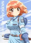  1girl belt belt_pouch blue_dress blue_gloves blush breasts brown_belt brown_eyes brown_hair commentary_request cover cover_page dress gloves harness highres holding holding_sword holding_weapon kaze_no_tani_no_nausicaa mask mask_around_neck medium_breasts nausicaa parted_lips pouch sample_watermark sheath short_hair solo sword taut_clothes taut_dress unsheathing upper_body watermark weapon yukion 