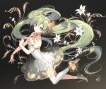  1girl 2020 artist_name asymmetrical_legwear bangs bare_shoulders breasts choker cleavage closed_mouth commentary_request dress eyebrows_visible_through_hair floating floating_hair flower from_side full_body green_eyes green_hair grey_background hair_between_eyes hair_flower hair_ornament hatsune_miku long_hair looking_at_viewer miku_symphony_(vocaloid) nardack see-through short_dress simple_background single_thighhigh skirt sleeveless sleeveless_dress smile solo thighhighs twintails very_long_hair vocaloid white_dress white_flower white_footwear white_legwear white_skirt zettai_ryouiki 