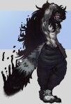 absurd_res anthro arm_tuft biped black_clothing black_fur_markings black_hair black_nose blush bottomwear chest_tuft clothed clothing curly_hair dipstick_ears ear_markings ear_tuft elbow_tuft facial_hair facial_tuft fluffy fluffy_body fluffy_tail fur goatee grey_body grey_fur grey_hair hair hatching_(art) hi_res ink jwbash leg_tuft lemur long_hair long_tail looking_away male male_anthro mammal markings multicolored_body multicolored_ears multicolored_fur multicolored_hair neck_tuft pants partially_clothed primate red_eyes ring-tailed_lemur roku_(jwbash) shaded solo standing strepsirrhine tail topless tuft waist_tuft white_body white_fur