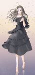  1girl absurdres antenna_hair arched_soles asamitsu_(n_morninglight) asymmetrical_sleeves barefoot black_dress collarbone commentary curtained_hair dress english_commentary facing_viewer feet floating_hair forehead frilled_dress frills full_body gradient_background grey_hair grin highres interlocked_fingers layered_dress long_dress long_hair looking_to_the_side original own_hands_together purple_eyes reflective_floor short_sleeves simple_background single_bare_shoulder single_off_shoulder smile solo standing standing_on_one_leg three-quarter_sleeves tiptoes toes twilight uneven_sleeves wavy_hair wind 