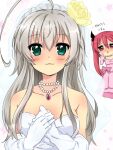  :3 ahoge bare_shoulders blush bow breasts bridal_veil bride closed_mouth commentary_request cthugha_(nyaruko-san) double-parted_bangs dress dress_bow flower furrowed_brow gloves green_eyes grey_hair hair_between_eyes hair_flower hair_ornament haiyore!_nyaruko-san hand_up harugamitsu huge_ahoge index_finger_raised jewelry large_breasts lips long_hair looking_at_another looking_at_viewer necklace nyarlathotep_(nyaruko-san) own_hands_together pearl_necklace peeking_out pink_bow pink_dress pov red_eyes red_hair rose simple_background sleeveless sleeveless_dress smile spaghetti_strap star_(symbol) strapless strapless_dress tearing_up translated twintails upper_body veil very_long_hair wedding_dress white_background white_dress white_gloves yellow_flower yellow_rose 
