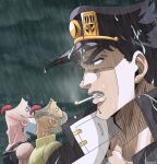  3boys anime_coloring aqua_eyes araki_hirohiko_(style) black_hair black_hat black_tank_top blue_eyes cigarette cloud commentary earrings english_commentary gakuran goku_and_vegeta_in_the_rain_(meme) grey_hair hat heart heart_earrings high_collar highres jean_pierre_polnareff jewelry jojo_no_kimyou_na_bouken joseph_joestar joseph_joestar_(old) kujo_jotaro male_focus meme mouth_hold multiple_boys official_style old old_man peaked_cap rain school_uniform shirt shrimpify131 signature smoke smoking stardust_crusaders stud_earrings tank_top tongue tongue_out wet yellow_shirt 
