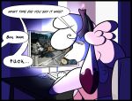  absurd_res anthro belphegor_(helluva_boss) bovid breasts caprine clothing coffee_stain_studios computer demon electronics english_text female gaming goat hellaverse helluva_boss hi_res humor lexi_arts mammal playing_video_game satisfactory_(game) side_boob sleep_deprivation solo text tired_eyes underwear 