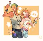  1boy 1girl bangle bare_shoulders belt blush border bracelet breasts buckle character_print charm_(object) choker cowboy_shot cropped_legs denim discooco english_commentary green_hair grin hand_up hat heart heart-shaped_buckle height_difference highres jeans jewelry jolly_roger log_pose looking_at_another medium_breasts midriff_peek monkey_d._luffy nami_(one_piece) navel one_piece open_mouth orange_hair outside_border pants parted_lips pink_belt pink_choker print_shirt roronoa_zoro shirt short_hair signature smile sparkle spoken_sparkle straw_hat straw_hats_jolly_roger tank_top white_border white_tank_top 