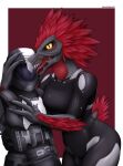 absurd_res alien anthro arm_feathers arm_tuft armor avian avian_caruncle beak bodysuit breasts clothing colored duo faceless_character faceless_human faceless_male feather_hair feathered_crest feathers female female_anthro female_on_human fuchsbau49 grey_body grey_scales halo_(series) head_crest headgear helmet hi_res human human_on_anthro interspecies kig-yar male male/female male_human male_on_anthro mammal microsoft non-mammal_breasts odst pseudo_hair pupils red_body red_feathers scales scalie scuted_hands scutes sharp_teeth short_tail skinsuit slit_pupils t'vaoan tail tail_feathers teeth tight_clothing tuft xbox_game_studios xenophilia yellow_eyes