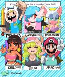  2boys 4girls adventure_time animal_ears bangle bangs bare_shoulders baseball_cap bat_ears bat_wings black_hair blonde_hair blush bracelet breasts brown_eyes chel_(the_road_to_el_dorado) cleavage closed_eyes dark_skin dragon_girl dragon_horns earrings elbow_gloves eyeshadow finn_the_human gardevoir gen_3_pokemon gloves gradient_hair green_eyes green_hair hat highres horns horns_through_headwear jake_the_dog jewelry kobayashi-san_chi_no_maidragon large_breasts lips loincloth long_hair looking_at_viewer makeup mario mario_(series) multicolored_hair multiple_boys multiple_girls nintendo open_mouth quetzalcoatl_(maidragon) rouge_the_bat six_fanarts_challenge smile super_mario_world tagme tank_top thick_thighs thighs twitter_username watermark wide_hips wings 