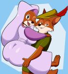 absurd_res anthro barefoot big_breasts big_butt breasts butt canid canine carrying_another clothing disney dress duo feet female fox hat_feather headdress headgear headwear hi_res looking_at_viewer loose_feather maid_marian male male/female mammal one_eye_closed open_mouth open_smile robin_hood robin_hood_(disney) smile someth1ngoranother thick_thighs wink winking_at_viewer