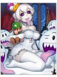  1girl boo_(mario) border bow bow_choker breasts character_doll choker colored_sclera commentary crescent_moon crown doll dress dress_bow earrings elbow_gloves english_commentary frilled_choker frilled_dress frills full_body gloves heart heart-shaped_pupils holding holding_doll indoors jewelry long_hair long_tongue looking_at_viewer luigi mario_(series) medium_breasts moon night omar_dogan pink_eyes princess_king_boo protected_link purple_sclera scan sharp_teeth signature sitting smile super_crown symbol-shaped_pupils teeth thighhighs tongue tongue_out traditional_media wariza white_border white_bow white_choker white_dress white_gloves white_hair white_thighhighs 