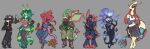 ambiguous_gender anthro big_breasts big_tail black_body breasts brown_body chandelure clothed clothing colored crop_top dragalge dress female female/ambiguous fishnet_clothing fishnet_legwear flygon generation_3_pokemon generation_5_pokemon generation_6_pokemon gigalith green_body grey_background group human large_female legwear looking_at_viewer looking_away mammal mega_stone mega_stone_piercing mik3hawk milotic navel nintendo pokemon pokemon_(species) pokemon_trainer purple_body serperior shirt simple_background stockings tail tall tan_body thick_tail thick_thighs topwear wide_hips wings