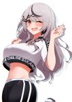  1girl :d arms_up black_pants black_streaks blush braid breasts commentary_request crop_top crop_top_overhang fang grey_hair hair_ornament hairclip highres hololive hololive_dance_practice_uniform large_breasts long_hair midriff multicolored_hair navel official_alternate_costume one_eye_closed pants red_eyes red_nails sakamata_chloe side_braid sidelocks simple_background single_braid single_hair_streak skin_fang smile solo sports_bra_peek streaked_hair track_pants virtual_youtuber white_background x_hair_ornament yamaki_(yamaki801) 