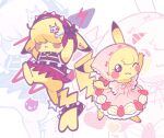  bonnet clothed_pokemon collar commentary dress earrings hair_ornament hair_over_eyes headphones jewelry no_humans o1jln one_eye_closed pikachu pokemon pokemon_(creature) pokemon_focus ribbon skirt spiked_collar spikes tail tail_ornament untranslatable_commentary zoom_layer 