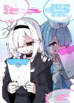  2girls absurdres arona_(blue_archive) black_choker black_coat black_eyes black_headband black_serafuku black_shirt blue_archive blue_background blue_eyes blue_hair blue_halo bow bright_pupils choker coat commentary_request crying evil_smile gacha_(game_mechanic) halo haluu0813 hand_on_another's_shoulder headband highres holding korean_commentary korean_text multicolored_hair multiple_girls pink_hair pink_halo plana_(blue_archive) recruitment_(blue_archive) red_pupils sailor_collar school_uniform serafuku shirt smile tears trembling two-tone_hair white_bow white_choker white_hair white_pupils white_sailor_collar 