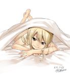  1girl barefoot bed bed_sheet blanket blonde_hair blush breasts brown_eyes chin_rest crossed_arms fairy_tail feet large_breasts legs_up long_hair looking_at_viewer lucy_heartfilia lying mashima_hiro naked_sheet nude on_bed on_stomach smile under_covers 