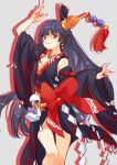  1girl black_hair breasts commentary_request detached_sleeves dress earrings fingernails highres japanese_clothes jewelry kijo_momiji long_fingernails long_hair looking_to_the_side multicolored_dress necklace onmyoji red_eyes red_lips red_nails revision scar scar_on_face scar_on_mouth shisantian smile solo teruterubouzu very_long_fingernails 