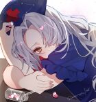  1girl absurdres blue_dress commentary constellation constellation_print cross dress grey_hair hair_over_one_eye hat hat_print heart highres holding long_hair looking_at_viewer nurse_cap pill_bottle print_hat puffy_short_sleeves puffy_sleeves red_cross red_dress samon_(vxxr8575) short_sleeves signature solo touhou two-tone_dress yagokoro_eirin yellow_eyes 