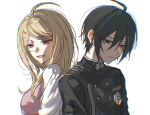  1boy 1girl :d ahoge akamatsu_kaede black_hair black_jacket blonde_hair breasts brown_eyes buttons closed_mouth danganronpa_(series) danganronpa_v3:_killing_harmony double-breasted fu_ga_(vivi912912) hair_between_eyes hair_ornament highres jacket large_breasts long_hair long_sleeves looking_at_viewer musical_note musical_note_hair_ornament open_mouth pink_vest saihara_shuichi school_uniform shirt short_hair simple_background smile sweater_vest teeth upper_body upper_teeth_only vest white_background white_shirt 
