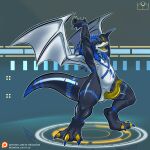 abstract_background anthro bandai_namco belly blue_eyes blue_hair digimon digimon_(species) errokioslem fan_character full-length_portrait glowing glowing_eyes hair hi_res looking_at_viewer male membrane_(anatomy) membranous_wings open_mouth portrait slit_penis solo tail teeth_showing thick_tail thick_thighs three-quarter_view wings