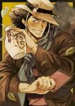  1boy ace_attorney ace_attorney_investigations ace_attorney_investigations_2:_prosecutor's_gambit animal_ears black_hair bottle brown_eyes commentary_request ears_through_headwear eddie_fender facial_hair falling_leaves fimure961030 goatee_stubble hands_up highres holding holding_bottle holding_notepad leaf male_focus mustache_stubble notepad open_mouth pencil raccoon_ears sake_bottle scarf short_hair smile solo stubble teeth upper_body 