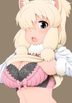  1girl alpaca_ears alpaca_suri_(kemono_friends) animal_ear_fluff animal_ears bagua bangs blonde_hair bow bow_bra bra breasts brown_background cleavage commentary_request extra_ears eyebrows_visible_through_hair frilled_bra frills fur_collar grey_eyes hair_bun kemono_friends lifted_by_self long_sleeves looking_at_viewer medium_breasts medium_hair neck_ribbon open_mouth ribbon shirt shirt_lift sidelocks simple_background solo stomach underwear upper_body upper_teeth vest 