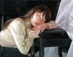  1girl arm_pillow bell_sleeves brown_hair closed_eyes closed_mouth collared_shirt commentary_request curtains double-parted_bangs east_asian fingernails indoors kasumi_kaworu leaning_forward leaning_on_object long_hair long_sleeves oil_painting_(medium) original painting_(medium) photorealistic realistic red_lips shirt sitting sleeping sleeping_upright solo stool straight_hair traditional_media yellow_shirt 