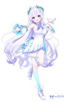  1girl animal bare_shoulders bird blue_dress blue_eyes blue_skin blue_sleeves brooch collared_dress colored_skin colored_tips commentary_request detached_sleeves dress flower full_body gradient_eyes hair_flower hair_ornament head_wreath high_heels highres isumi_ruhane jewelry lalazyt layered_dress long_hair long_sleeves looking_at_viewer multicolored_dress multicolored_eyes multicolored_hair neck_ribbon open_hand open_mouth pink_eyes purple_hair purple_ribbon re;bon ribbon shoes sleeve_slit sleeveless sleeveless_dress smile solo standing standing_on_one_leg thighlet two-sided_sleeves very_long_hair virtual_youtuber white_background white_bird white_dress white_flower white_hair white_shoes white_sleeves 