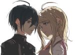  1boy 1girl ahoge akamatsu_kaede black_hair black_jacket blonde_hair brown_eyes buttons closed_mouth collared_shirt danganronpa_(series) danganronpa_v3:_killing_harmony double-breasted eye_contact from_side fu_ga_(vivi912912) hair_ornament highres jacket long_hair looking_at_another musical_note musical_note_hair_ornament necktie parted_lips pink_eyes pink_vest profile saihara_shuichi shirt short_hair simple_background smile teeth upper_body vest white_background white_shirt 