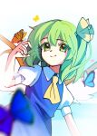  1girl ascot blue_butterfly blue_dress blurry bug butterfly butterfly_on_hand collared_shirt commentary_request daiyousei depth_of_field dress fairy fairy_wings green_eyes green_hair highres illust_atelier3 medium_hair one-hour_drawing_challenge pinafore_dress puffy_short_sleeves puffy_sleeves shirt short_sleeves signature sleeveless sleeveless_dress smile solo touhou white_shirt wings yellow_ascot yellow_butterfly 