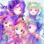  5girls absurdres ahoge aokaze_nana bare_shoulders blonde_hair blue_bow blue_dress blue_eyes blue_hair blush bow bracelet braid breasts bridal_gauntlets choker commentary_request cure_idol cure_kiss cure_kyunkyun cure_wink cure_zukyuun detached_sleeves double-parted_bangs dress earrings elbow_gloves eyelashes frilled_dress frilled_sleeves frills gloves gradient_hair hair_between_eyes hair_bow hair_ornament hair_ribbon hairband happy headset heart heart-shaped_lock heart_hair_ornament heart_hands highres idol_heart_incom jewelry kimi_to_idol_precure long_hair looking_at_viewer magical_girl meroron_(precure) multicolored_hair multiple_earrings multiple_girls multiple_hair_bows musical_note one_eye_closed one_side_up open_mouth overskirt parted_bangs pearl_earrings pink_dress pink_hair pink_streaks plaid_bow plaid_clothes plaid_skirt ponytail precure purirun_(precure) purple_bridal_gauntlets purple_choker purple_eyes purple_hair purple_overskirt purple_skirt purple_streaks rere_hanemi ribbon sakura_uta_(precure) shigure_kokoro short_sleeves sidelocks single_bare_shoulder skirt skirt_bow sleeveless sleeveless_dress smile strapless strapless_dress streaked_hair symbol-shaped_pupils tanaka_meron tanaka_purin twin_braids twintails two-tone_hair very_long_hair wavy_hair white_dress white_hairband white_sleeves yellow_eyes 