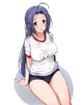  1girl ahoge black_buruma blue_hair blush bra_visible_through_clothes breasts buruma commentary_request gym_shirt heppoko_r idolmaster idolmaster_(classic) large_breasts long_hair looking_at_viewer miura_azusa red_eyes shirt simple_background sitting solo sweat very_sweaty wet wet_clothes wet_shirt white_background white_shirt 