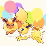  balloon blue_eyes bow commentary_request ev_tchi flareon green_eyes highres jolteon no_humans open_mouth pokemon pokemon_(creature) pokemon_focus smile tail tail_bow tail_ornament twitter_username 