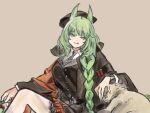  1girl :q animal_ears arknights beret black_hat black_jacket black_necktie black_shirt black_vest blush braid buttons cat cat_ears cat_girl cat_tail chain chain_necklace feet_out_of_frame grey_background harmonie_(arknights) harmonie_(invitation)_(arknights) hat highres jacket jewelry long_hair looking_at_viewer necklace necktie one-hour_drawing_challenge open_clothes open_jacket otofu987 pantyhose petting shirt simple_background sitting smile solo tail tongue tongue_out vest white_pantyhose 