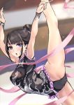  1girl absurdres bangs black_hair blush cuffs eyebrows_visible_through_hair eyelashes fake_nails frills gymnast_leotard gymnastics hair_bun hair_up highres himekawa_(shashaki) leotard mole open_mouth original purple_eyes rhythmic_gymnastics ribbon scrunchie shashaki solo tagme 