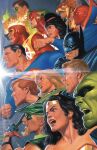  3girls 6+boys alex_ross batman batman_(series) black_canary black_choker black_hair blonde_facial_hair blonde_hair blue_eyes character_request choker colored_skin comic_cover commentary cover cover_page cowl dc_comics domino_mask english_commentary eye_mask facial_hair forehead_protector gloves green_arrow green_arrow_(series) green_lantern green_lantern_(series) hawkman highres justice_league martian_manhunter mask multiple_boys multiple_girls muscular muscular_male official_art open_mouth realistic red_skin red_tornado superman superman_(series) the_flash the_flash_(series) white_gloves wonder_woman wonder_woman_(series) zatanna_zatara 