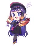 1girl :d bag beret black_dress black_hat black_ribbon black_shoes blonde_hair blunt_bangs blush blush_stickers chibi chibi_only commentary dress eyelashes full_body gradient_hair grey_pantyhose handbag hat headpiece highres holding holding_paint_palette holding_paintbrush hololive hololive_english long_hair multicolored_hair neck_ribbon ninomae_ina'nis ninomae_ina'nis_(casual) official_alternate_costume open_mouth paint_palette paintbrush pantyhose pink_bag pointy_ears purple_eyes purple_hair ribbon scissor_scr shoes signature simple_background smile solo tentacle_hair twitter_username virtual_youtuber white_background 
